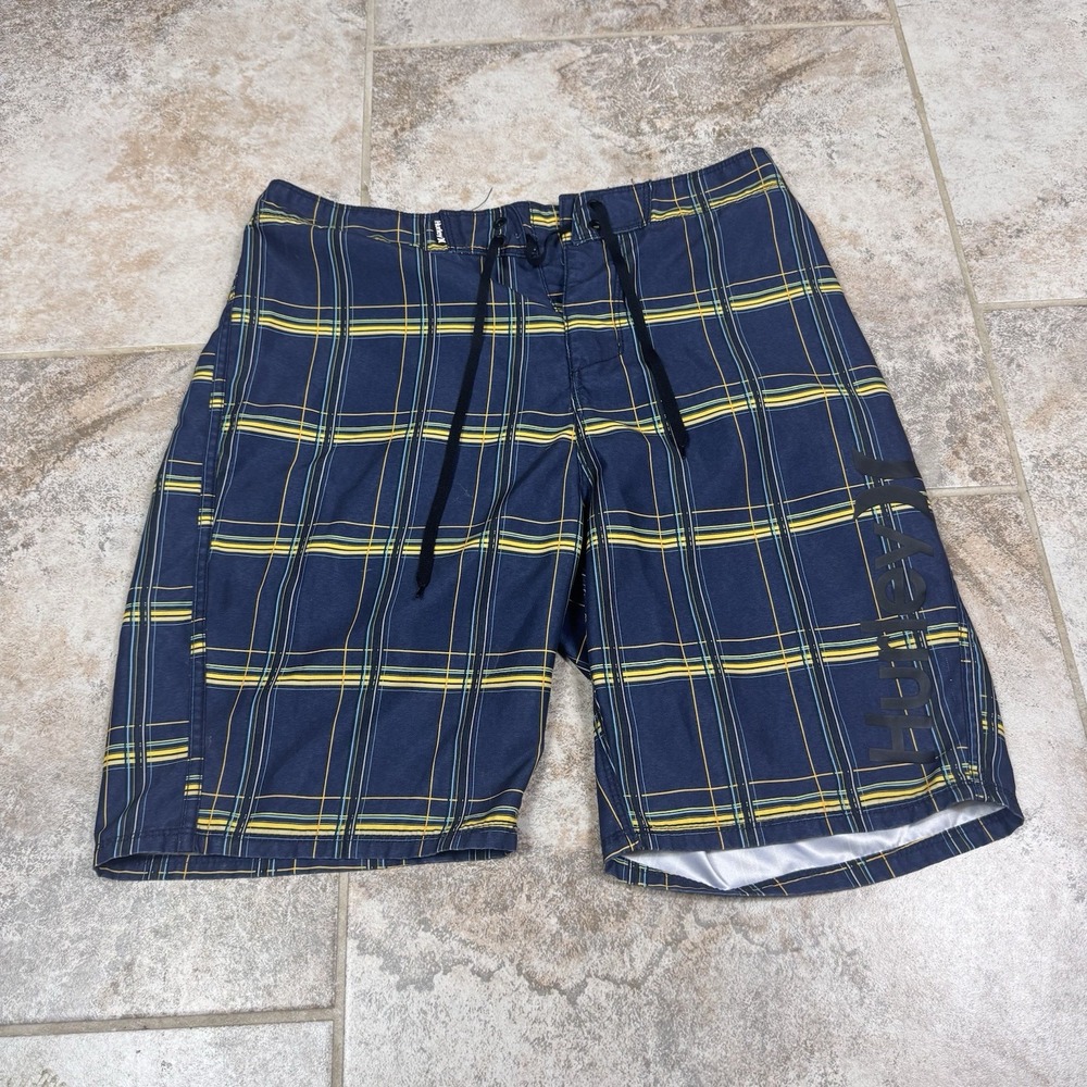 Hurley Board Shorts Mens 30 Blue Plaid  Cargo Pocket Trunks Drawstring